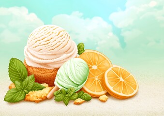 Refreshing Summer Delights Ice Cream with Citrus and Mint Decorative Still Life Illustration