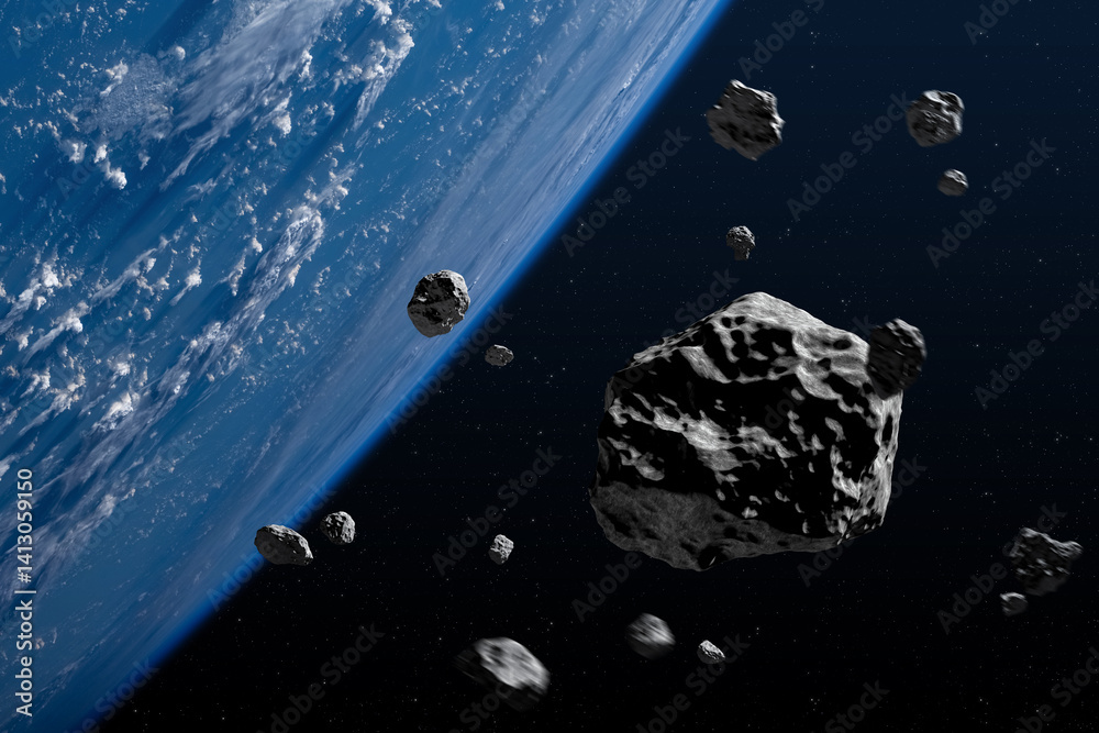 Sticker big and small asteroids near planet earth in space. space. asteroids near planet earth. asteroids in