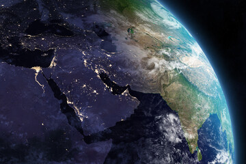 Earth from space.  Africa, Middle East and Asia. Arabian Peninsula, Egypt, Iraq, Iran, Israel, Jordan, Lebanon, Palestine, Gaza, Syria, India, Pakistan and Turkey.