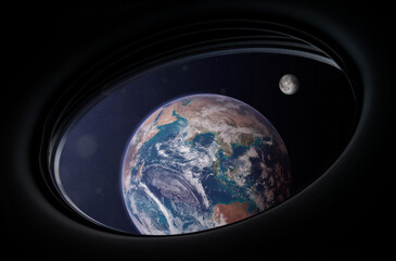 Earth and Moon in spaceship porthole. Travel and tourists in space, concept. Space exploration. Science fiction art. 
