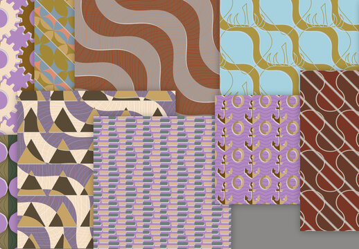 Seamless Pattern Set with Geometric Shapes and 3D Shadow Effect Muted Colors