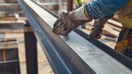 Construction worker installing metal beams at a construction site. Featuring strength and precision