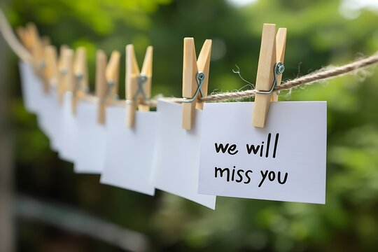 We will miss you note on paper with rope and green nature farewell theme