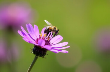 A bee sits on a purple flower and pollinates it