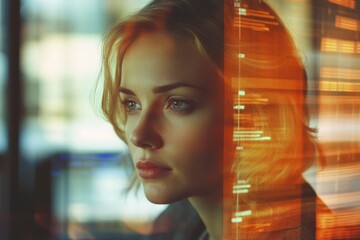 Businesswoman analyzes financial data in a modern office setting with digital displays, financial data processing over caucasian businesswoman in office