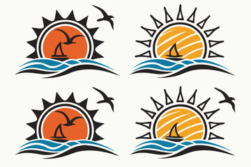 Obraz premium 54 Sunset icons, minimalist design, orange and yellow sun, blue waves, black background, geometric shapes, stylized sunrays, graphic illustration, simple lines, vibrant colors, abstract ocean, set of 