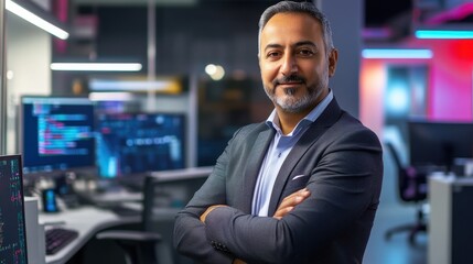 A confident middle-aged Middle Eastern IT professional poses in a modern office environment. Emphasizing leadership and technology, he embodies professionalism in the digital age.