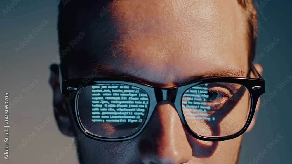 Aufkleber Close up montage of a programmer wearing glasses reflecting lines of code, suggesting focus and concentration in a technological environment