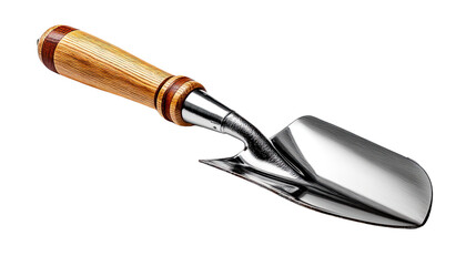 Fototapeta premium Gardening Trowel: A detailed shot of a brand-new gardening trowel, featuring a polished metallic scoop, comfortable wooden handle, and sleek, modern design.