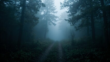 Explore the secrets of an ancient forest with a shadowy path shrouded in mist evoking an eerie and infinite sense of mystery