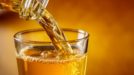 A refreshing beverage being poured into a clear glass against a warm, golden backdrop, inviting a moment of pure enjoyment.