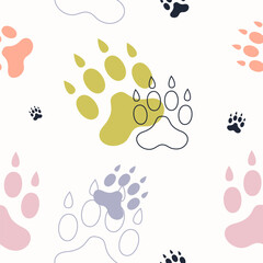 Vector animal pattern. Vector illustration of a seamless print with a dog's paw. Colored wallpaper background.