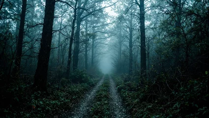 Gardinen Explore the eerie beauty of a desolate forest maze where ancient trees and dense foliage hide secrets in the haunting mist © GMeta