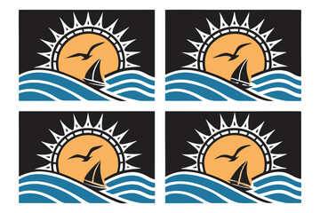 54 Sunset icons, minimalist design, orange and yellow sun, blue waves, black background, geometric shapes, stylized sunrays, graphic illustration, simple lines, vibrant colors, abstract ocean, set of 