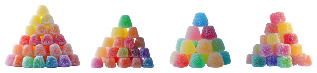 Colorful Pyramid of Sugar-Coated Gummy Candies on a Transparent Background