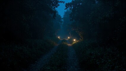 Fototapeta premium Eerie forest trail at night with dim lantern light casting long shadows on damp ground