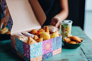 A Brazilian food delivery setup, with a colorful box of snacks like coxinha and pastel