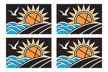 54 Sunset icons, minimalist design, orange and yellow sun, blue waves, black background, geometric shapes, stylized sunrays, graphic illustration, simple lines, vibrant colors, abstract ocean, set of 