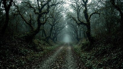 Naklejka premium Eerie forest trail with gnarled trees and creeping vines evoking a haunting atmosphere of mystery and solitude