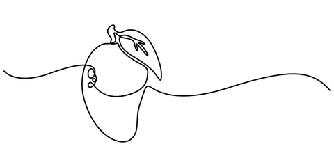 Mango vector illustration. One line drawing art illustration with organic mango, Continuous one line drawing of mango fruit with leaf. Mango fruit hand drawn single line art pro vector illustration.
