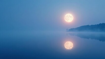 Tranquil night scene with a full moon reflecting on calm water, enveloped in a soft, misty haze
