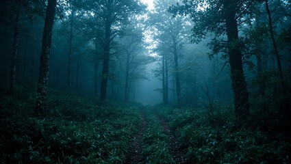 Fototapeta premium Discover a haunting forest path shrouded in mist flanked by eerie trees and mysterious light Ideal for spooky or mysterious concepts