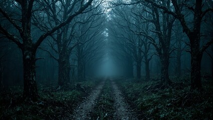 Fototapeta premium A haunting forest pathway lined with rugged ancient trees leading into ominous mist Atmospheric and eerie setting for projects