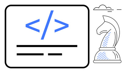 Coding tag and lines framed onscreen beside strategic chess knight icon under simple cloud. Ideal for programming logic, strategy, decision-making, problem-solving, tech, education, flat simple