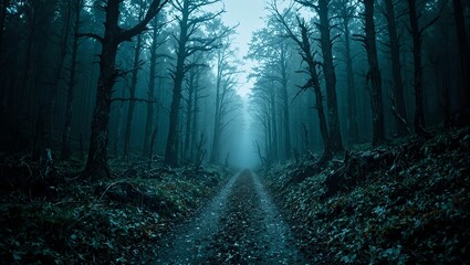 Fototapeta premium A haunting pathway in a desolate forest with eerie light piercing through decrepit trees An atmosphere of ancient melancholy and decay