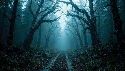A haunting pathway in a desolate forest with eerie light piercing through decrepit trees An atmosphere of ancient melancholy and decay