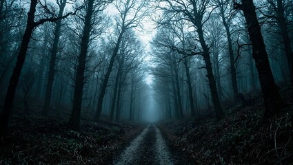 Explore an eerie forest path with twisted leafless trees in this haunting nature scene