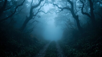 A mysterious forest path blanketed in mist twisted branches resembling skeletal hands leading into an ominous darkness