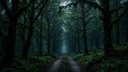 Fototapeta premium Mysterious abandoned path in ancient forest with towering moss covered trees and eerie shadows evoking a sense of foreboding