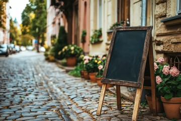 Empty Blank sandwich stand with black chalk board. Street sign for cafe stands on spring street of modern city. Mock up for advertising.
