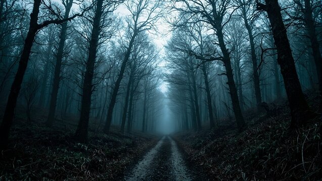 Explore an eerie forest path with twisted leafless trees in this haunting nature scene