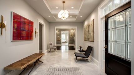 Contemporary formal foyer with elegant lighting, modern art, and a blend of classic and modern elements. 