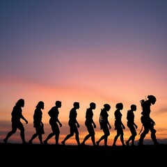 Obraz premium Evolution of Humanity Depicted Through Silhouettes at Sunset
