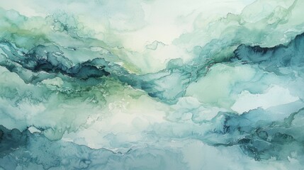 Layers of soft greens and blues blend together in an abstract watercolor composition, evoking a calming landscape. The artwork features fluid shapes that suggest depth and movement