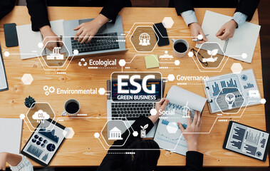 Dynamic meeting showcasing ESG principles in green business, focusing on collaborative strategies for environmental, social, and governance improvements and sustainable practices. Amity