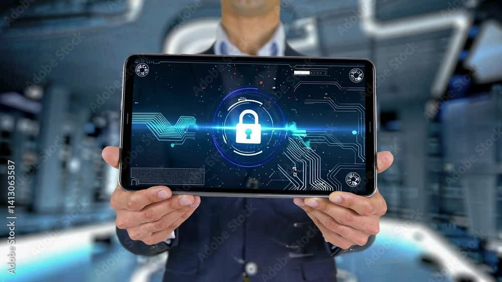 Poster Businessman presenting a tablet displaying a digital padlock security interface, symbolizing data protection and secure access in a technological environment