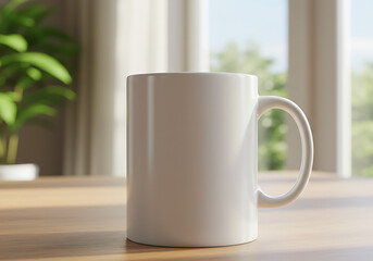 Obraz premium White ceramic coffee mug mockup on wooden table in bright sunlight