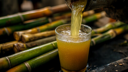 Fresh sugarcane juice is poured into a glass, a refreshing and natural beverage with a hint of sweetness on a sunny day.