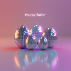 Modern Happy Easter postcard with shiny pixels eggs. Greeting card.