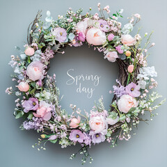 Willow wreath with spring flowers and text Spring day.