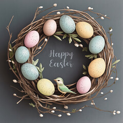 Willow wreath with easter eggs, cute bird and lettering Happy Easter.
