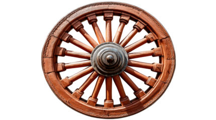 Timeless Cartwheel: A meticulously crafted wooden cartwheel stands as a symbol of history, transportation and the enduring artistry of woodworking. It exudes rustic charm and classic craftsmanship. 