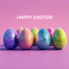 Modern Happy Easter postcard with colored pixels eggs. Greeting card.