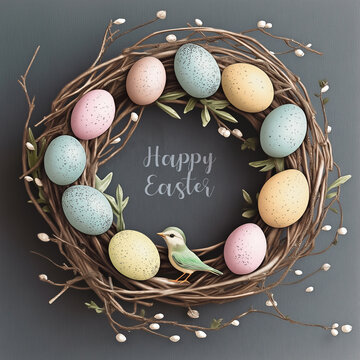 Willow wreath with easter eggs, cute bird and lettering Happy Easter.