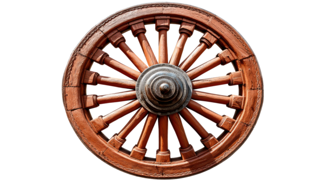 Timeless Cartwheel: A meticulously crafted wooden cartwheel stands as a symbol of history, transportation and the enduring artistry of woodworking. It exudes rustic charm and classic craftsmanship. 