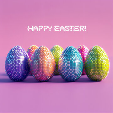 Modern Happy Easter postcard with colored pixels eggs. Greeting card.